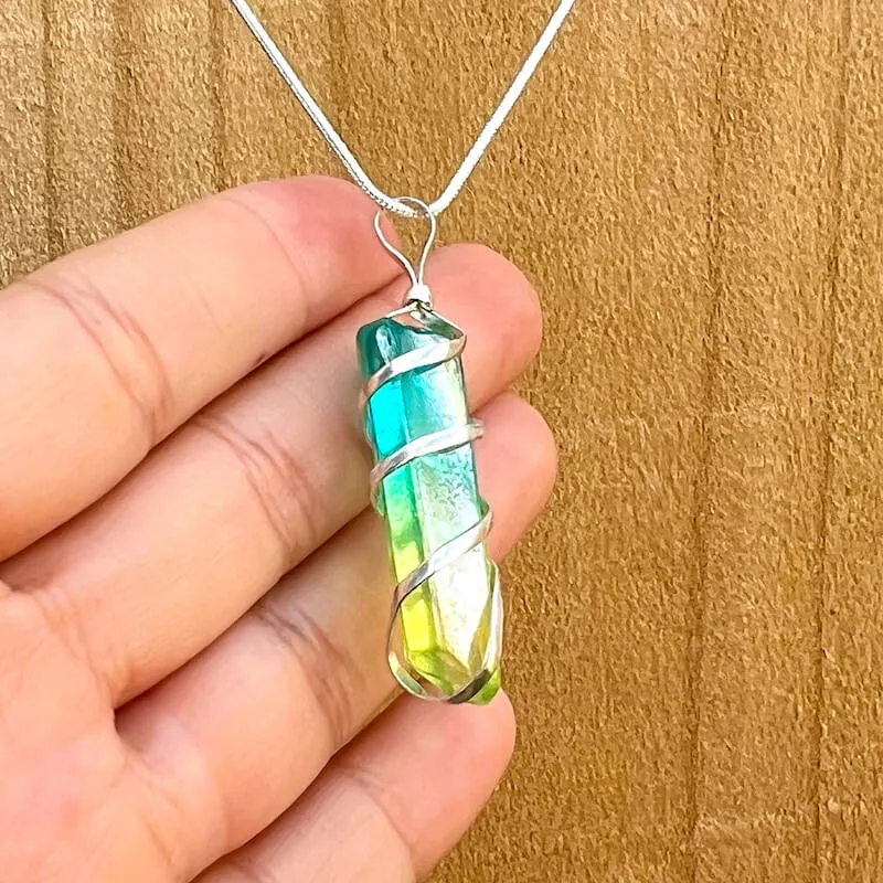 Aura Quartz Spiral Wrapped Pendant Necklace