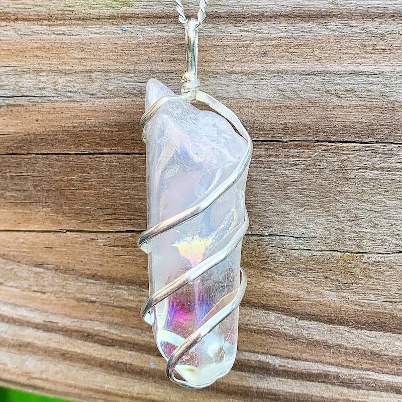 Aura Quartz Spiral Wrapped Pendant Necklace