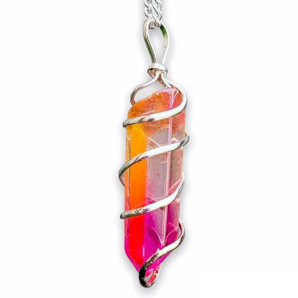 Aura Quartz Spiral Wrapped Pendant Necklace