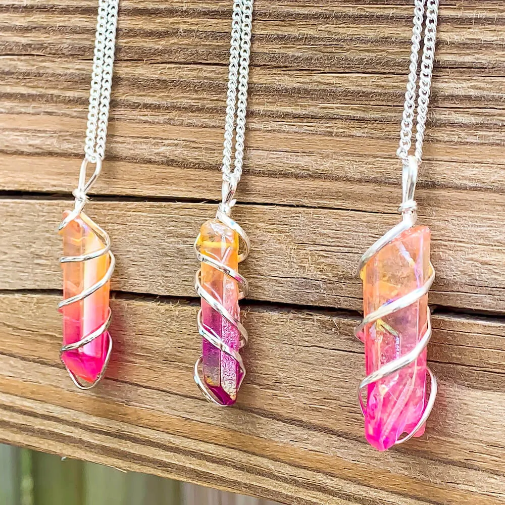 Aura Quartz Spiral Wrapped Pendant Necklace