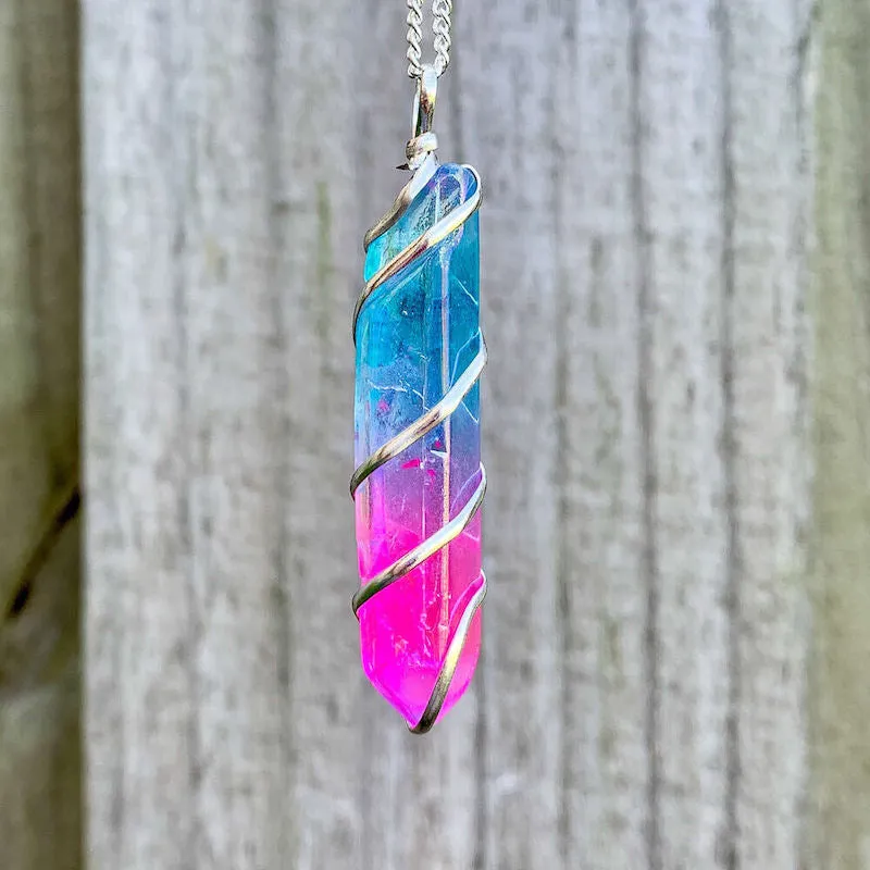 Aura Quartz Spiral Wrapped Pendant Necklace