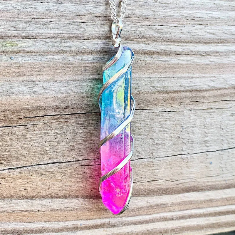 Aura Quartz Spiral Wrapped Pendant Necklace