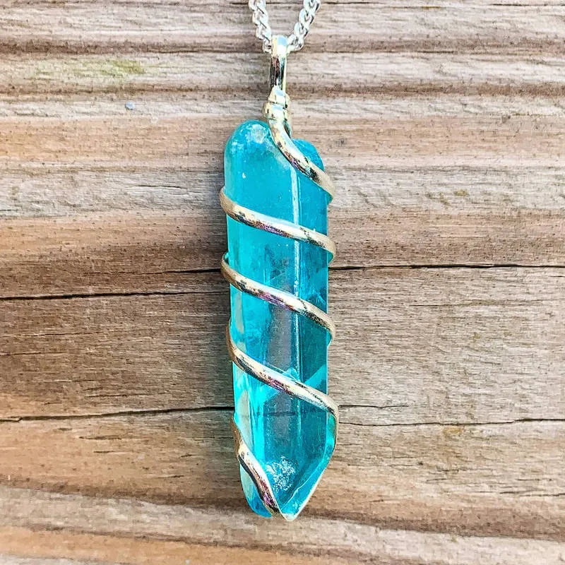 Aura Quartz Spiral Wrapped Pendant Necklace