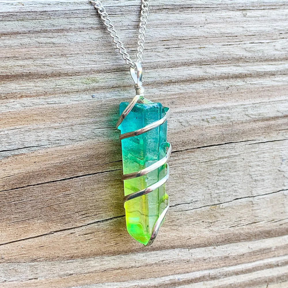 Aura Quartz Spiral Wrapped Pendant Necklace