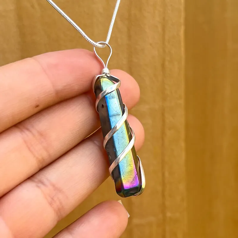 Aura Quartz Spiral Wrapped Pendant Necklace