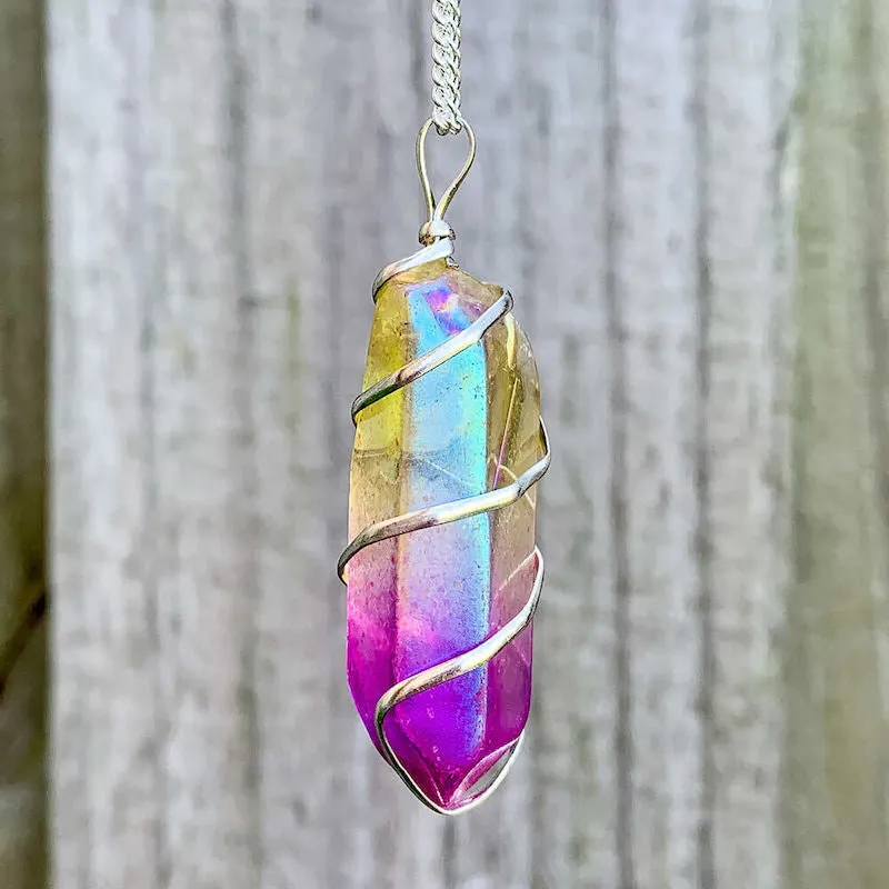 Aura Quartz Spiral Wrapped Pendant Necklace