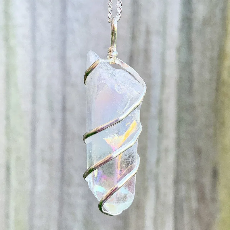 Aura Quartz Spiral Wrapped Pendant Necklace