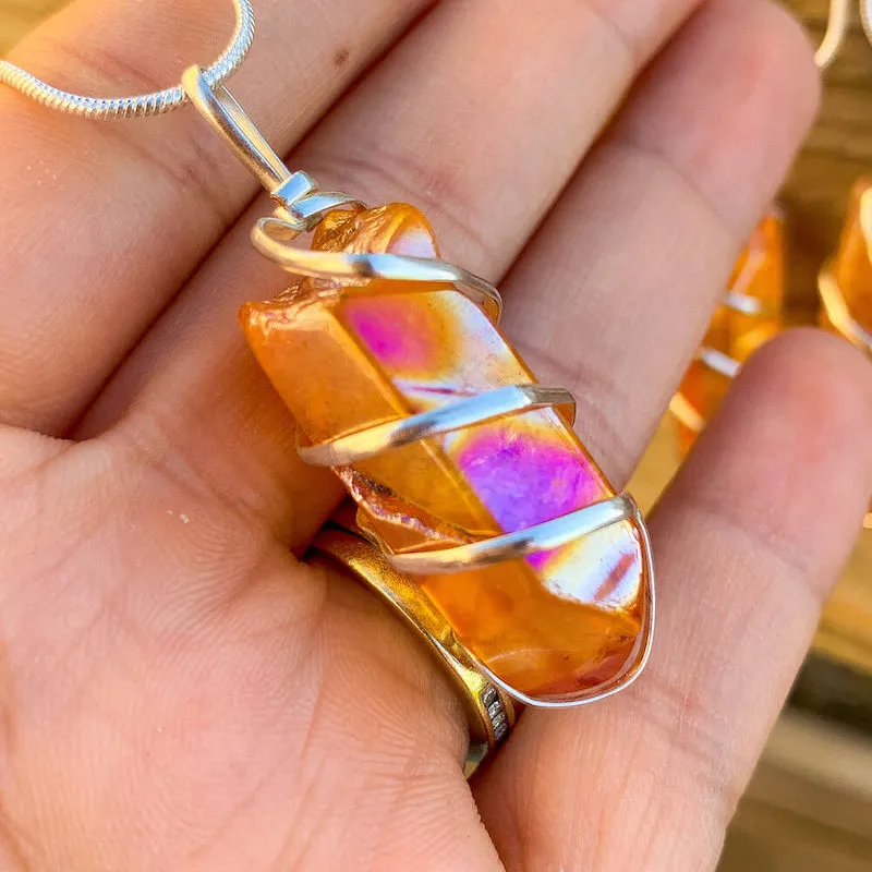 Aura Quartz Spiral Wrapped Pendant Necklace