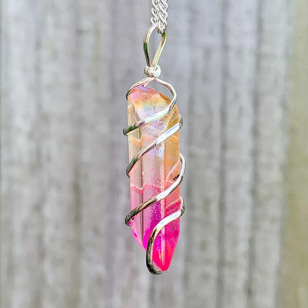 Aura Quartz Spiral Wrapped Pendant Necklace