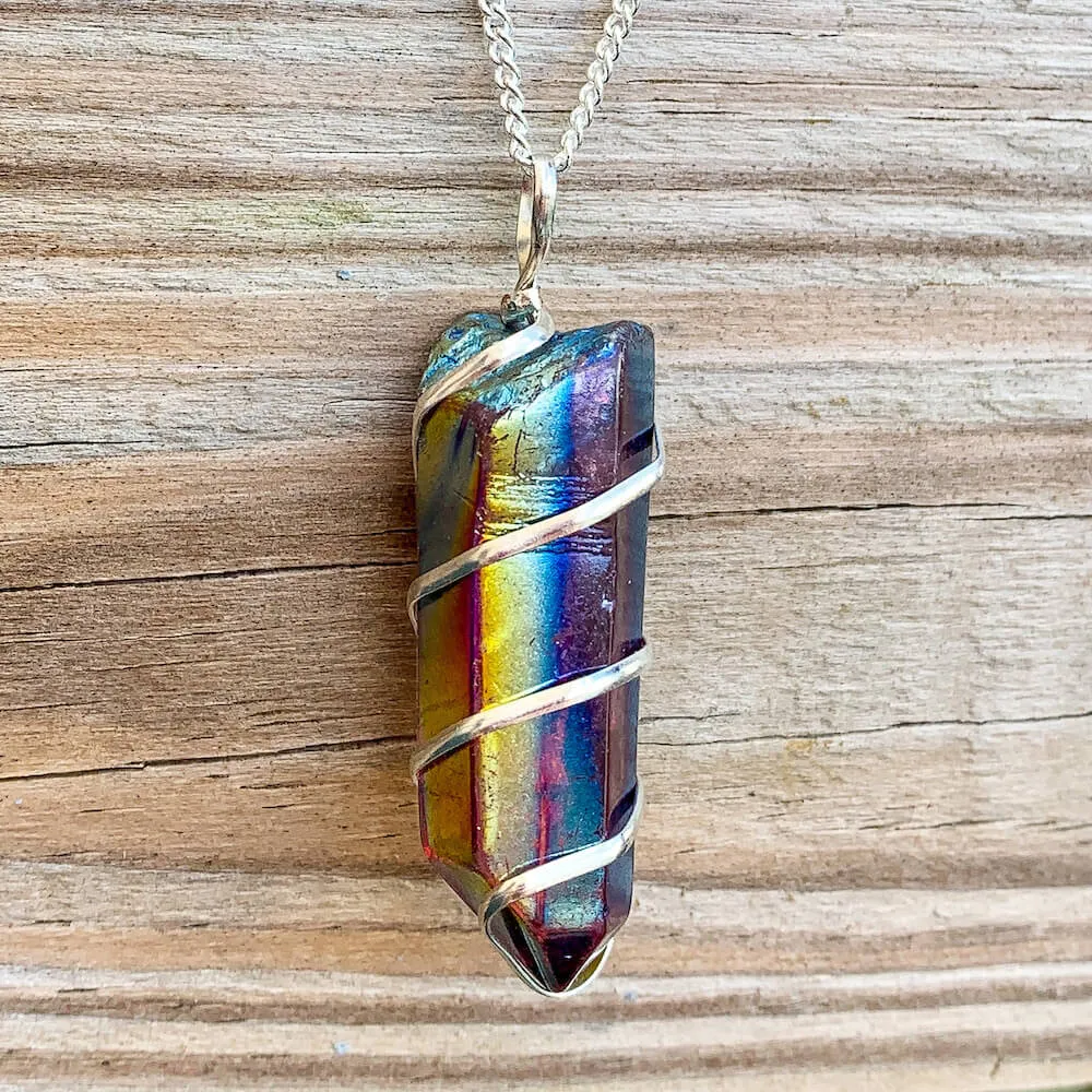 Aura Quartz Spiral Wrapped Pendant Necklace