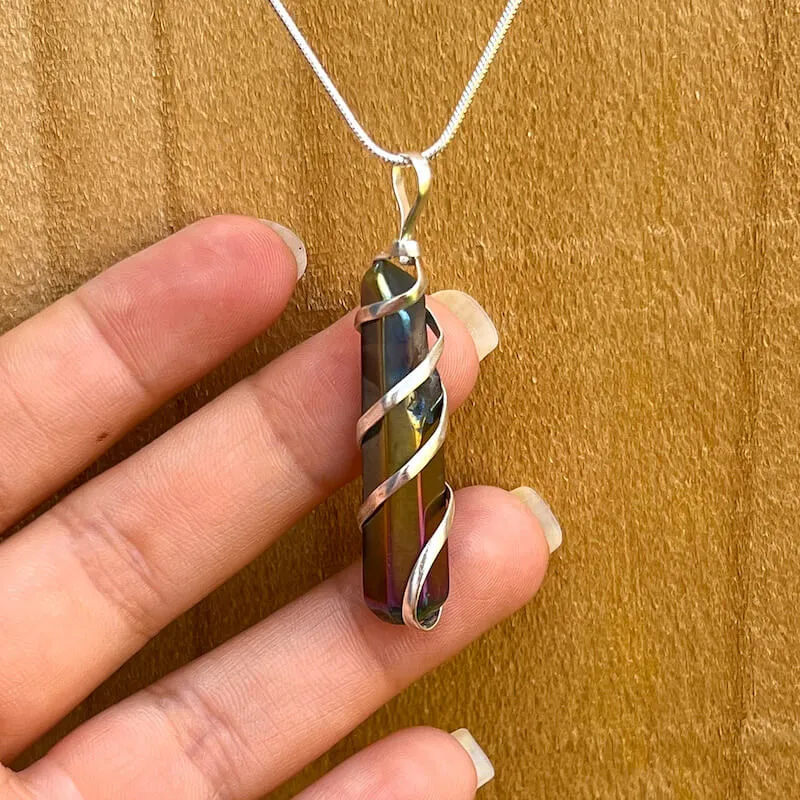 Aura Quartz Spiral Wrapped Pendant Necklace