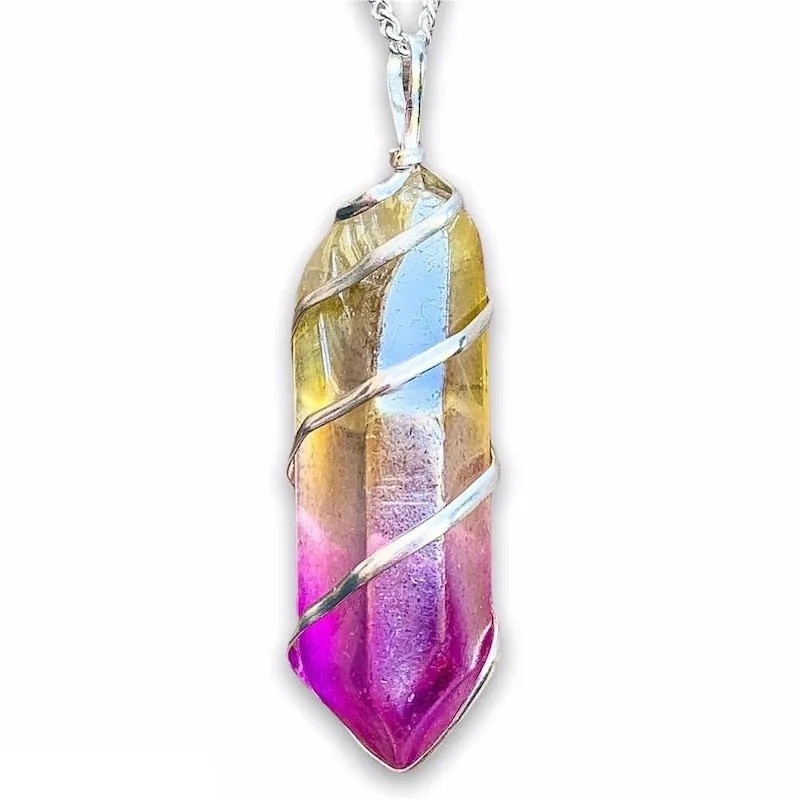 Aura Quartz Spiral Wrapped Pendant Necklace