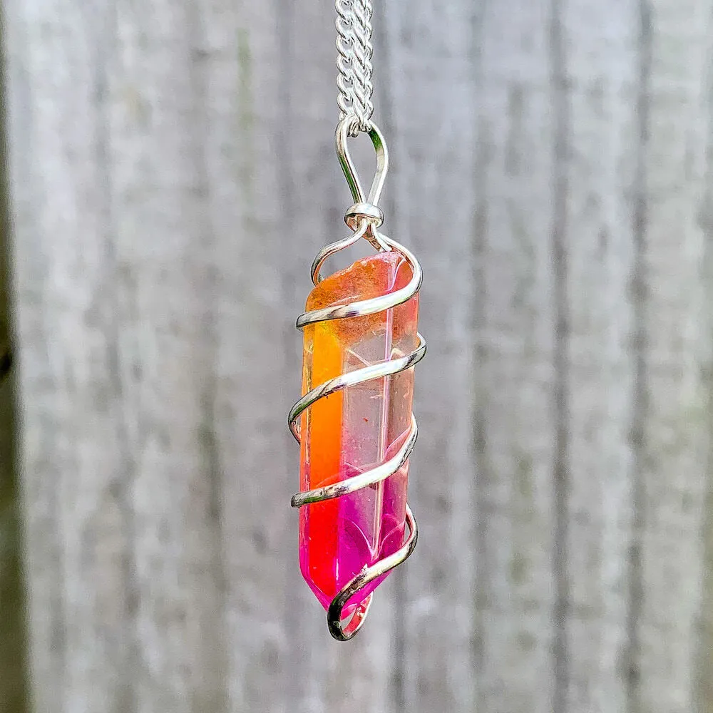 Aura Quartz Spiral Wrapped Pendant Necklace