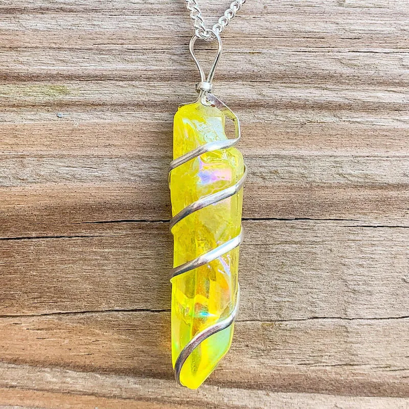 Aura Quartz Spiral Wrapped Pendant Necklace