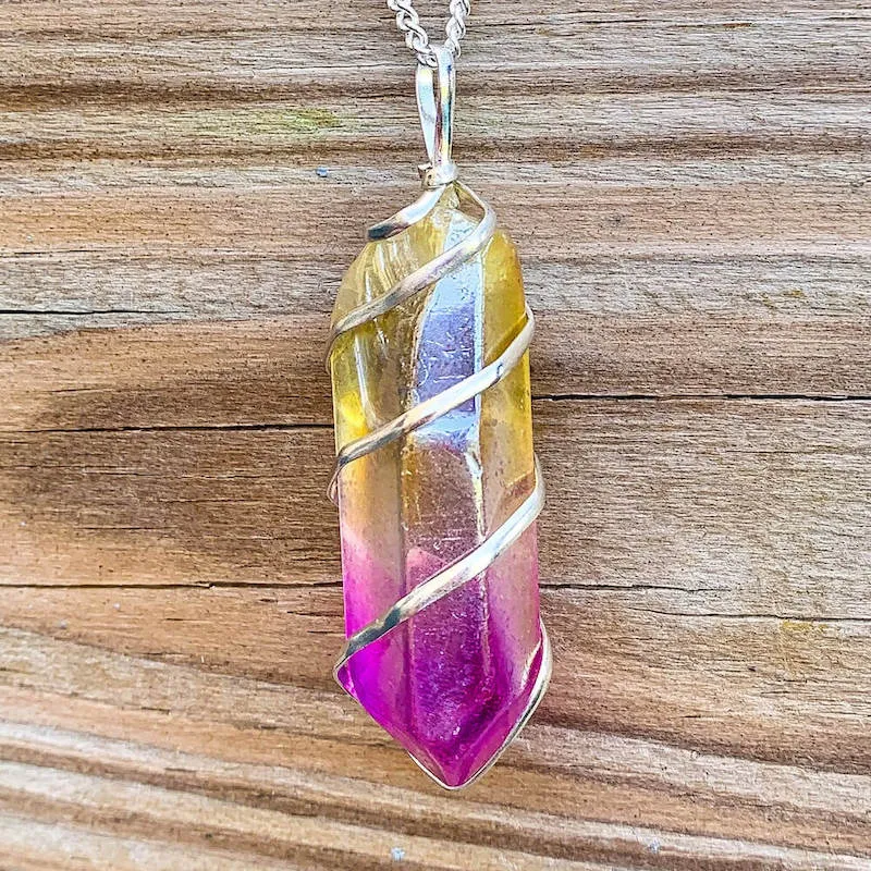 Aura Quartz Spiral Wrapped Pendant Necklace