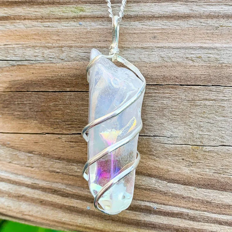 Aura Quartz Spiral Wrapped Pendant Necklace