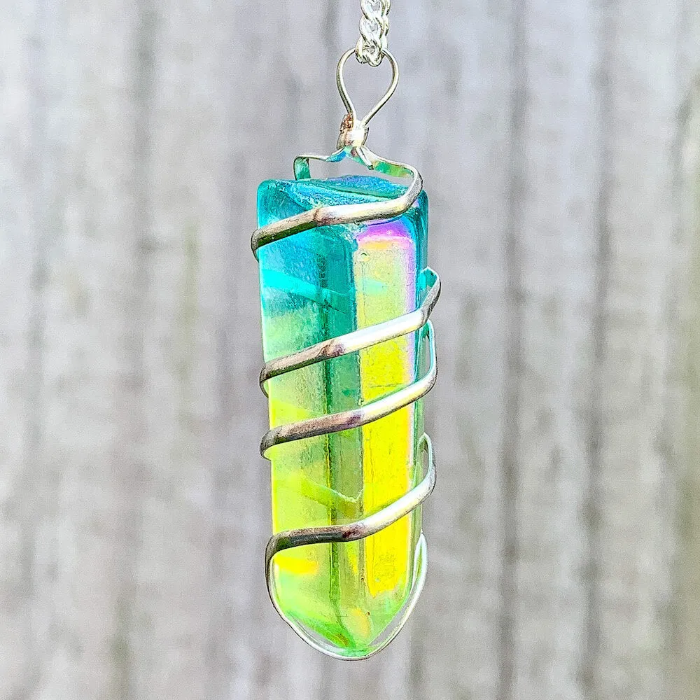 Aura Quartz Spiral Wrapped Pendant Necklace