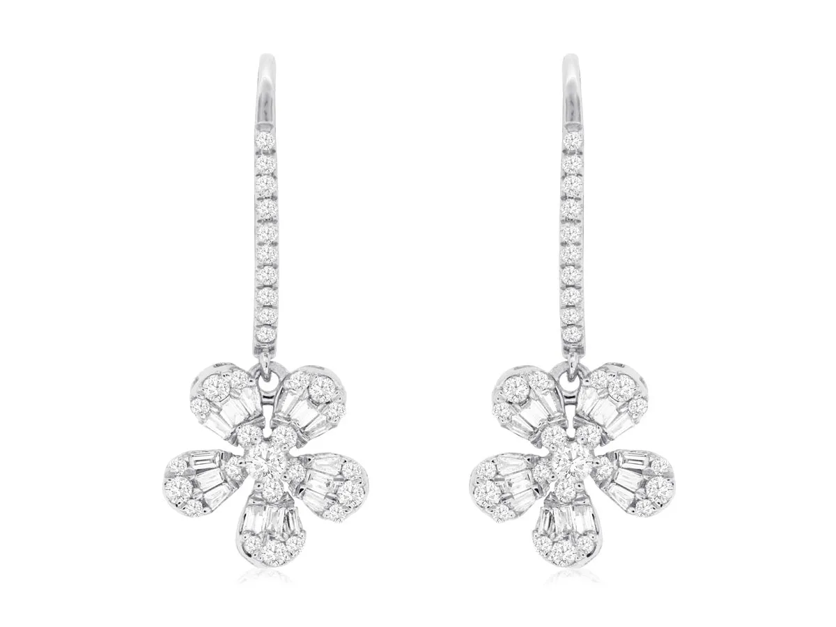 Baguette and Round Diamond Flower Design Drop Earrings