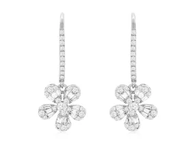 Baguette and Round Diamond Flower Design Drop Earrings