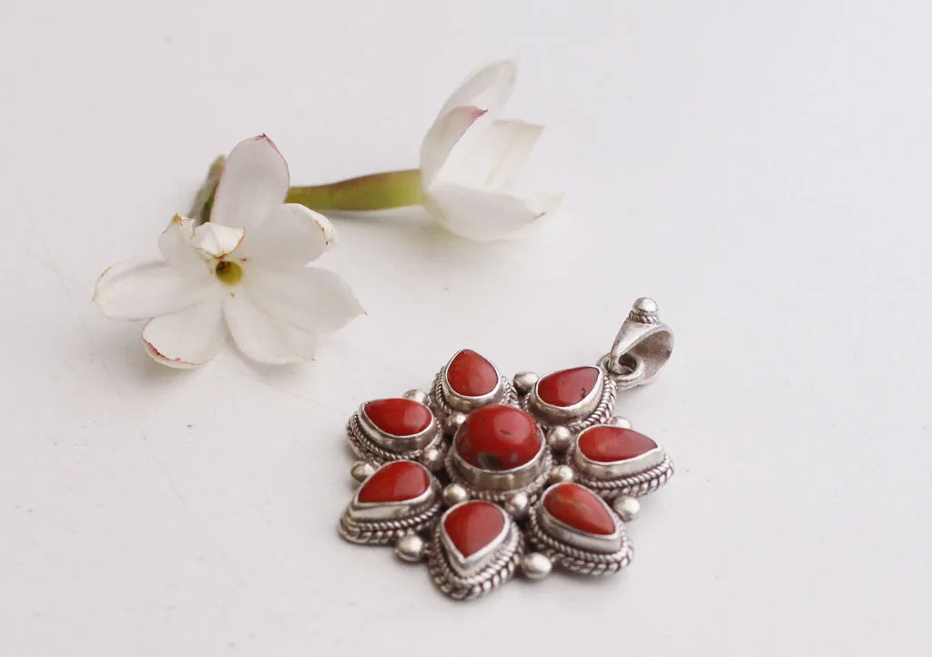 Beautiful Plumeria Flower Carved Coral Decoration 925 Silver Sterling Pendant