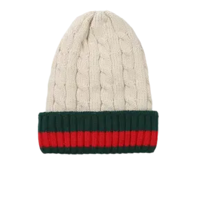 Beige Men's Winter knitted hat with green and red Striped Wool Beanie