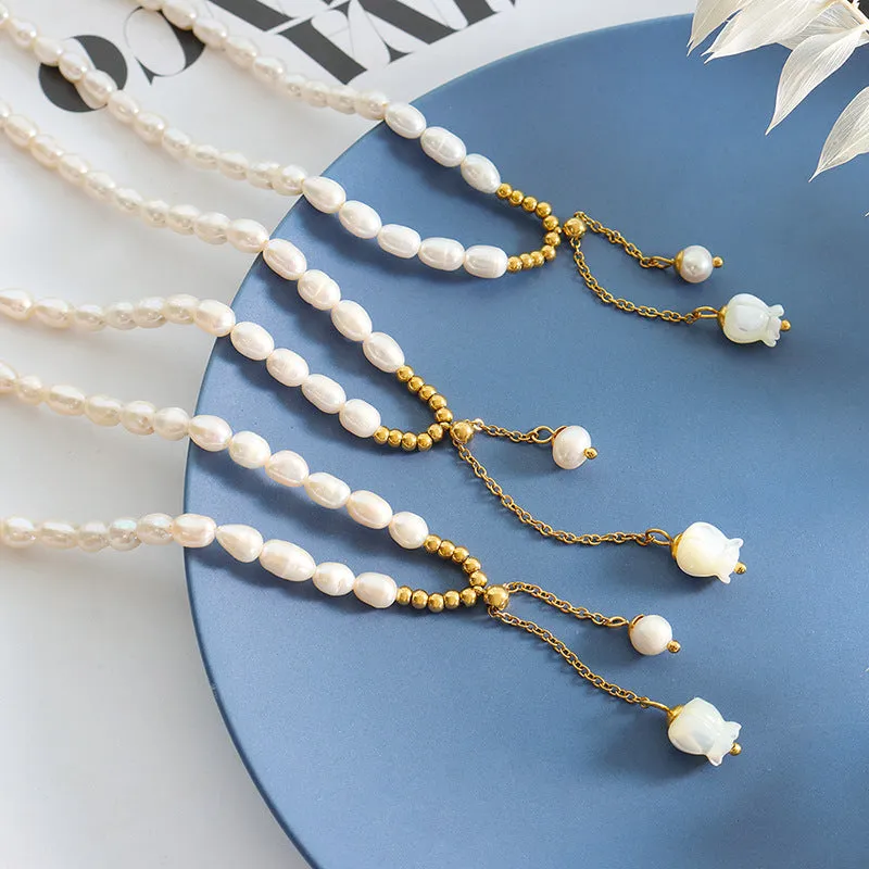 Bell Orchid Pearl Necklace and Bracelet Set