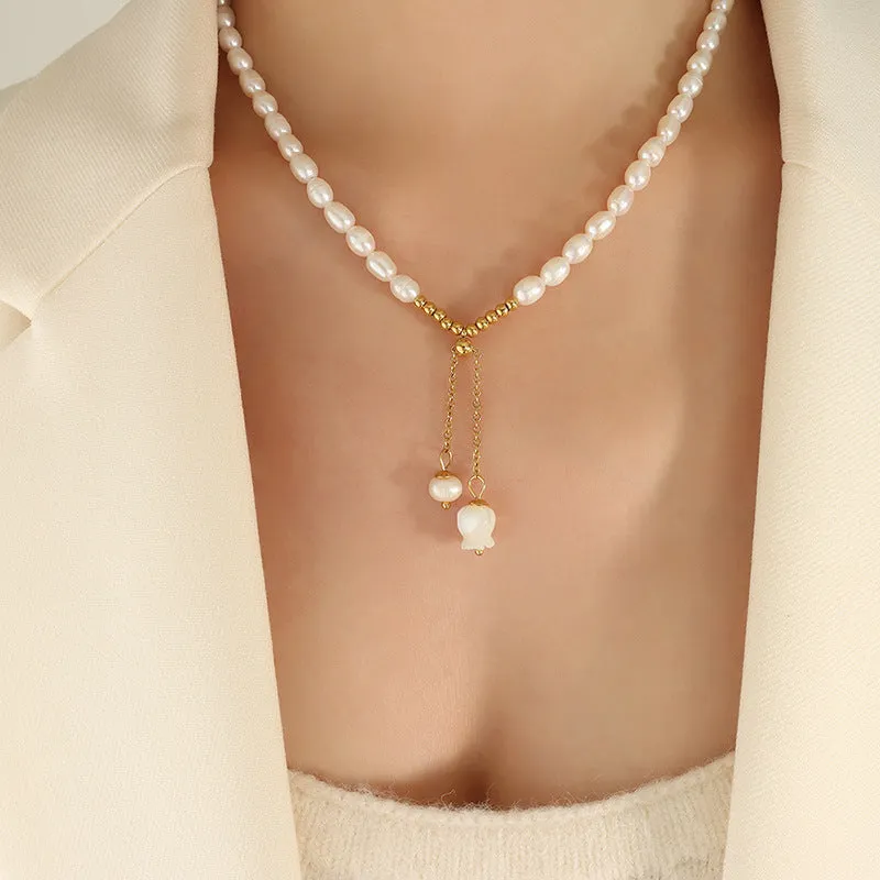 Bell Orchid Pearl Necklace and Bracelet Set