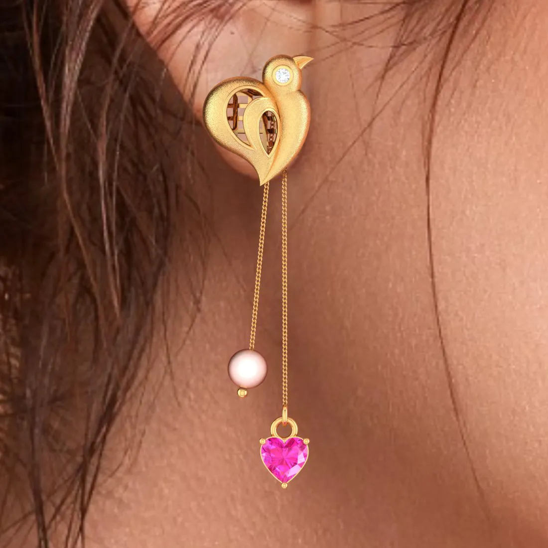 Birds With Pink Hearts And Balls 22k Gold Diamond Earrings