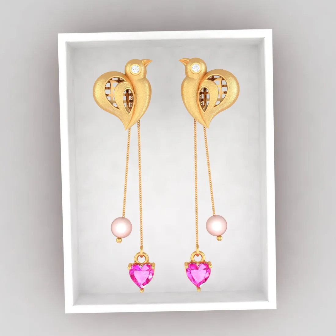 Birds With Pink Hearts And Balls 22k Gold Diamond Earrings