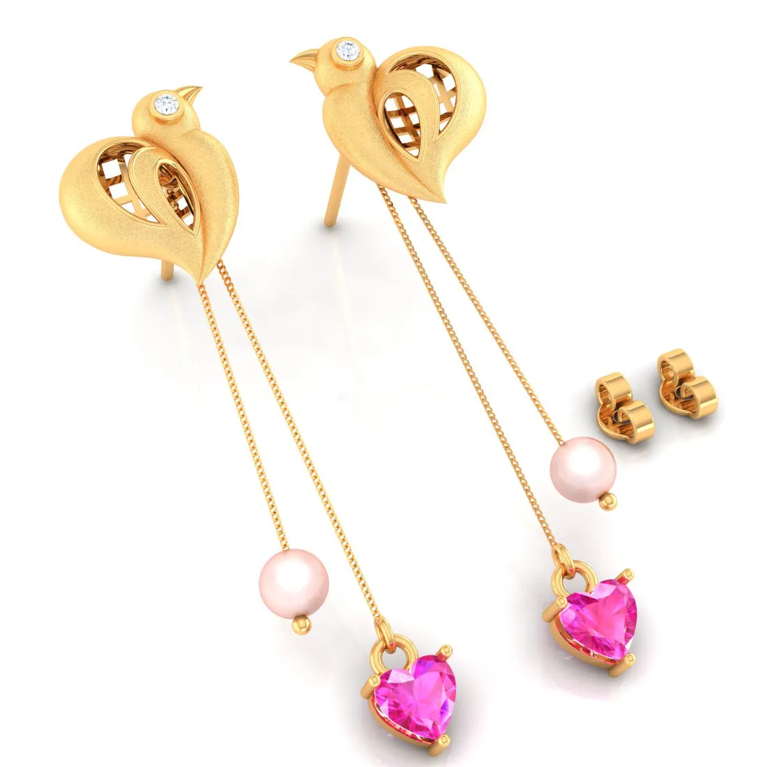 Birds With Pink Hearts And Balls 22k Gold Diamond Earrings