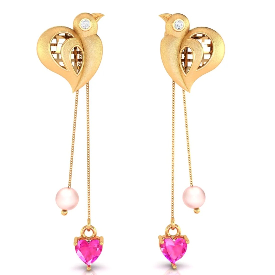 Birds With Pink Hearts And Balls 22k Gold Diamond Earrings