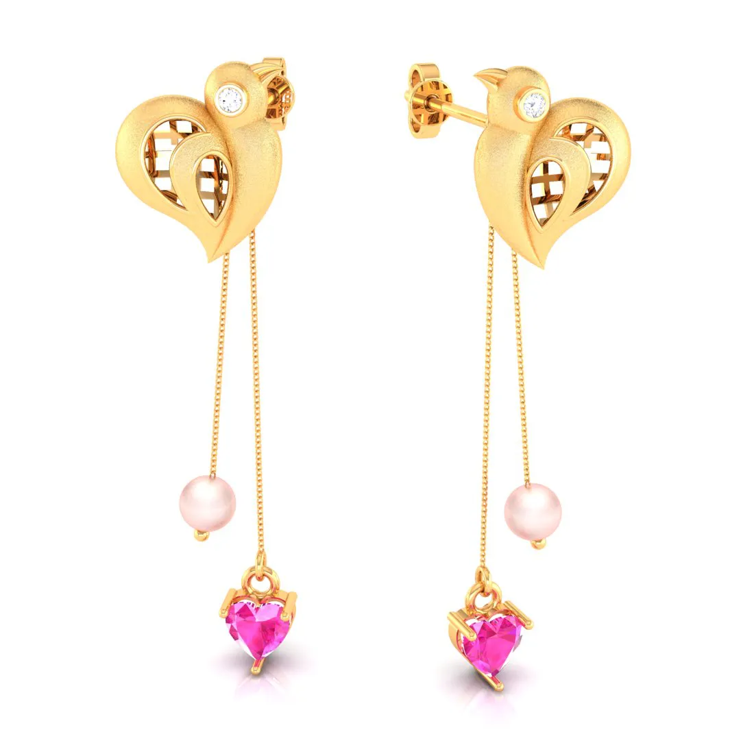 Birds With Pink Hearts And Balls 22k Gold Diamond Earrings