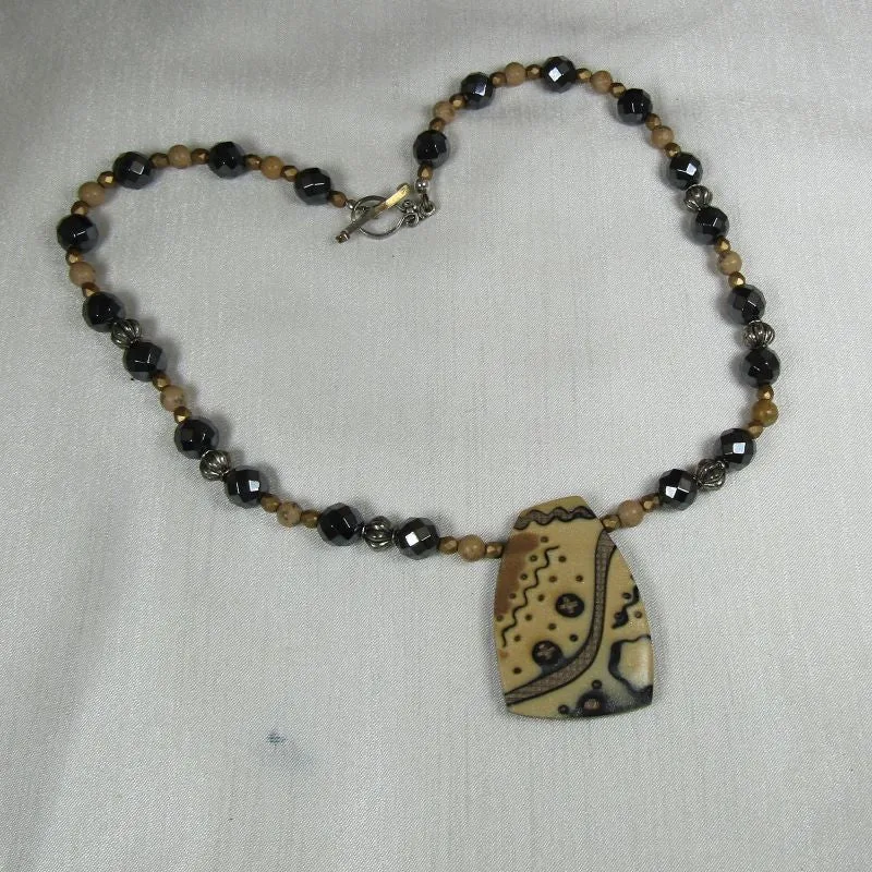 Black & Beige Pendant Necklace with Handmade Artisan Pendant