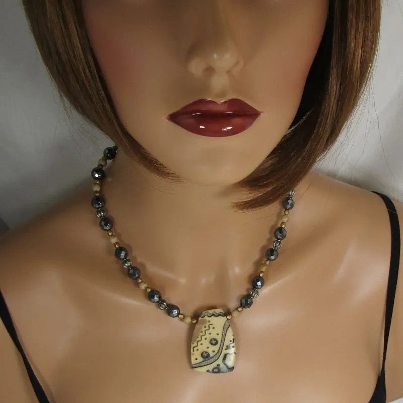 Black & Beige Pendant Necklace with Handmade Artisan Pendant