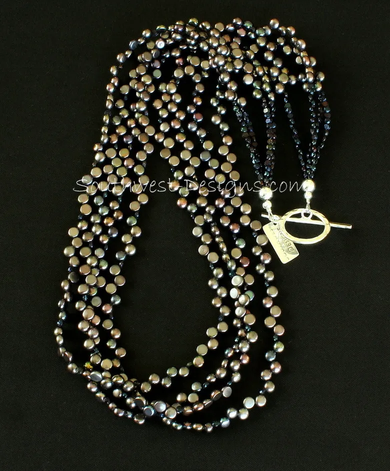 Black Button Pearl 4-Strand Necklace with Vintage Czechoslovakian Nailheads and Sterling Silver