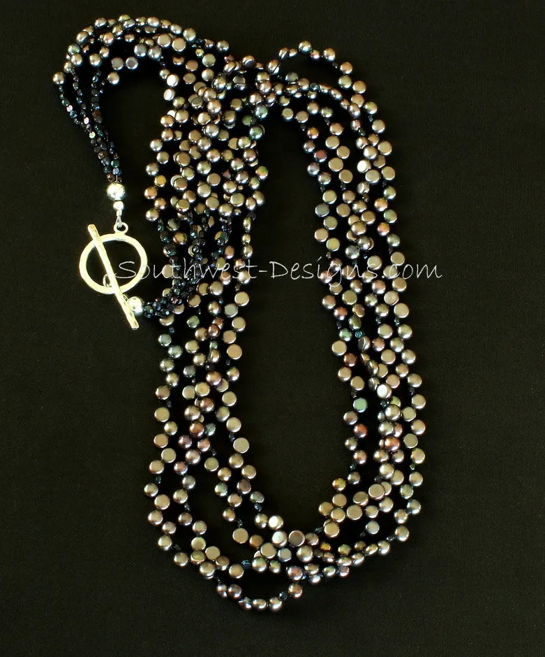 Black Button Pearl 4-Strand Necklace with Vintage Czechoslovakian Nailheads and Sterling Silver