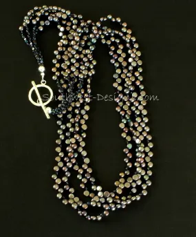 Black Button Pearl 4-Strand Necklace with Vintage Czechoslovakian Nailheads and Sterling Silver