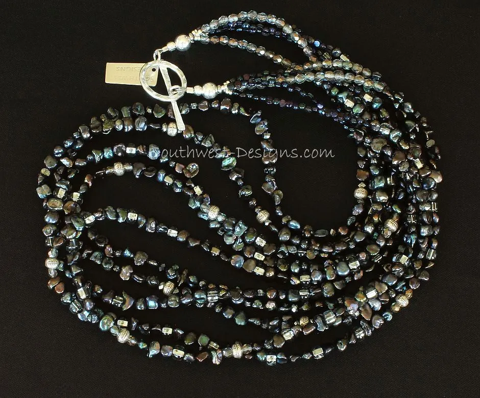 Black Keshi Pearl 5-Strand Necklace with Antique Czech Nailheads, Fire Polished Glass, Metallic Black Crystal Bicones, and Sterling Silver Beads and Toggle Clasp