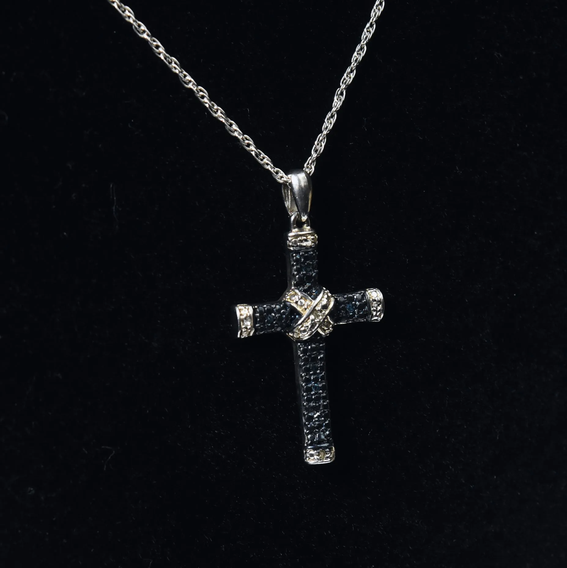 Blue and White Diamond Sterling Silver Cross Pendant on Sterling Silver Chain Necklace