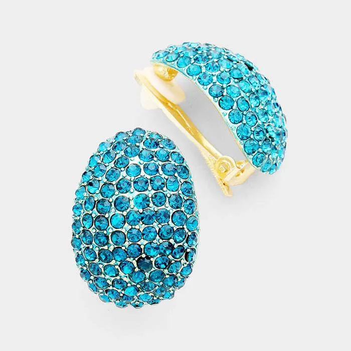 Blue Oval Crystal Embellished Clip on Earrings