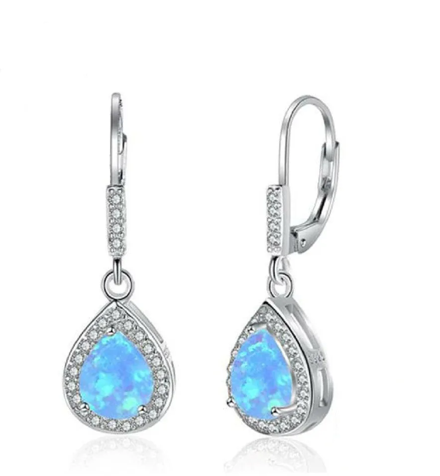 Blue Pear Shape Opal Zircon Soleste Halo Sterling Silver Hoop Earrings