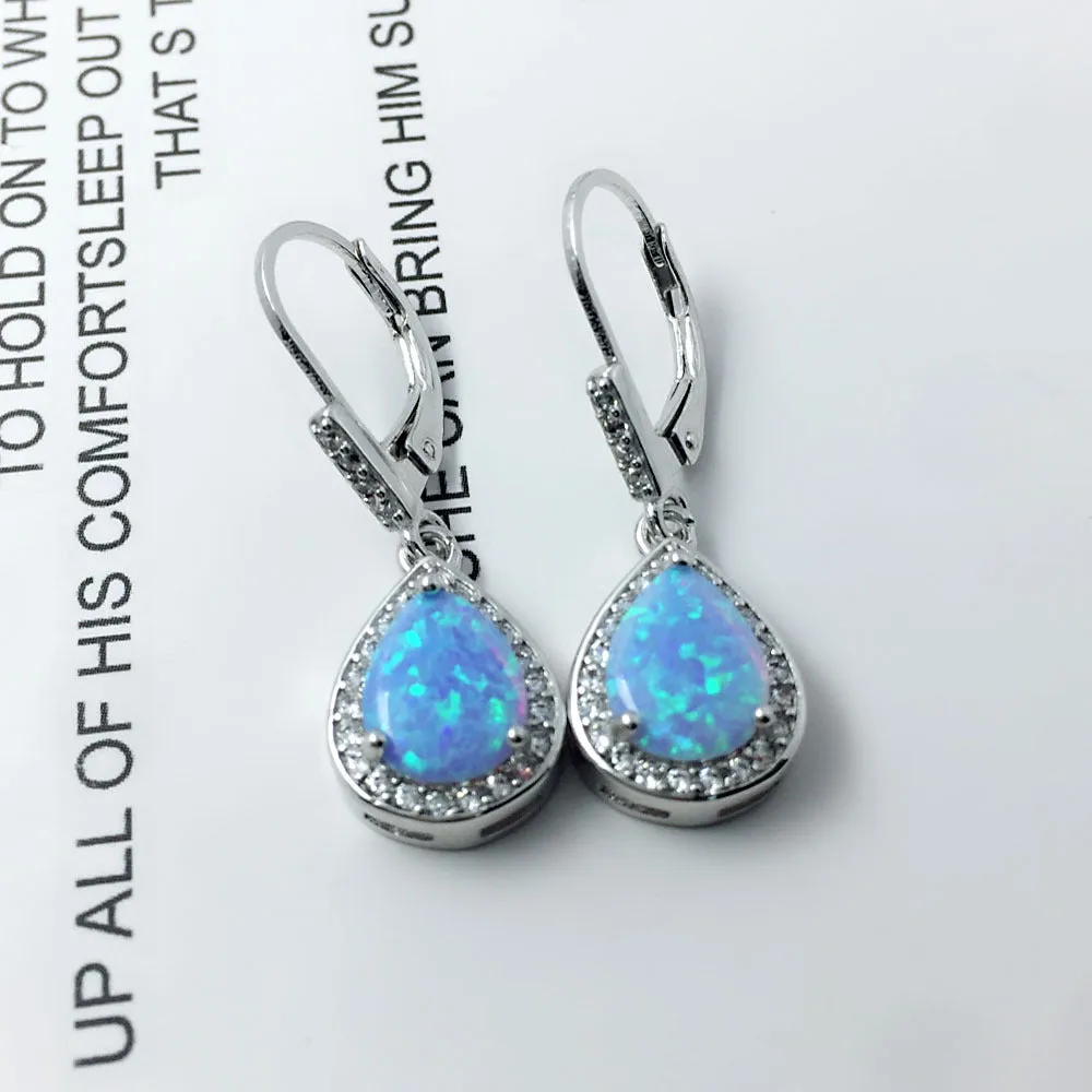 Blue Pear Shape Opal Zircon Soleste Halo Sterling Silver Hoop Earrings