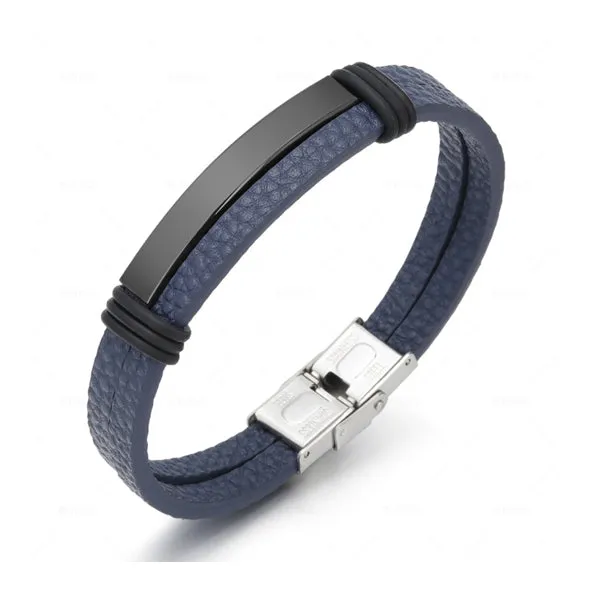 Blue Punk Titanium Leather Bracelet (Circumference 21cm) 藍色朋克風鈦鋼皮手鍊 (鍊長 21cm) KJBR16102