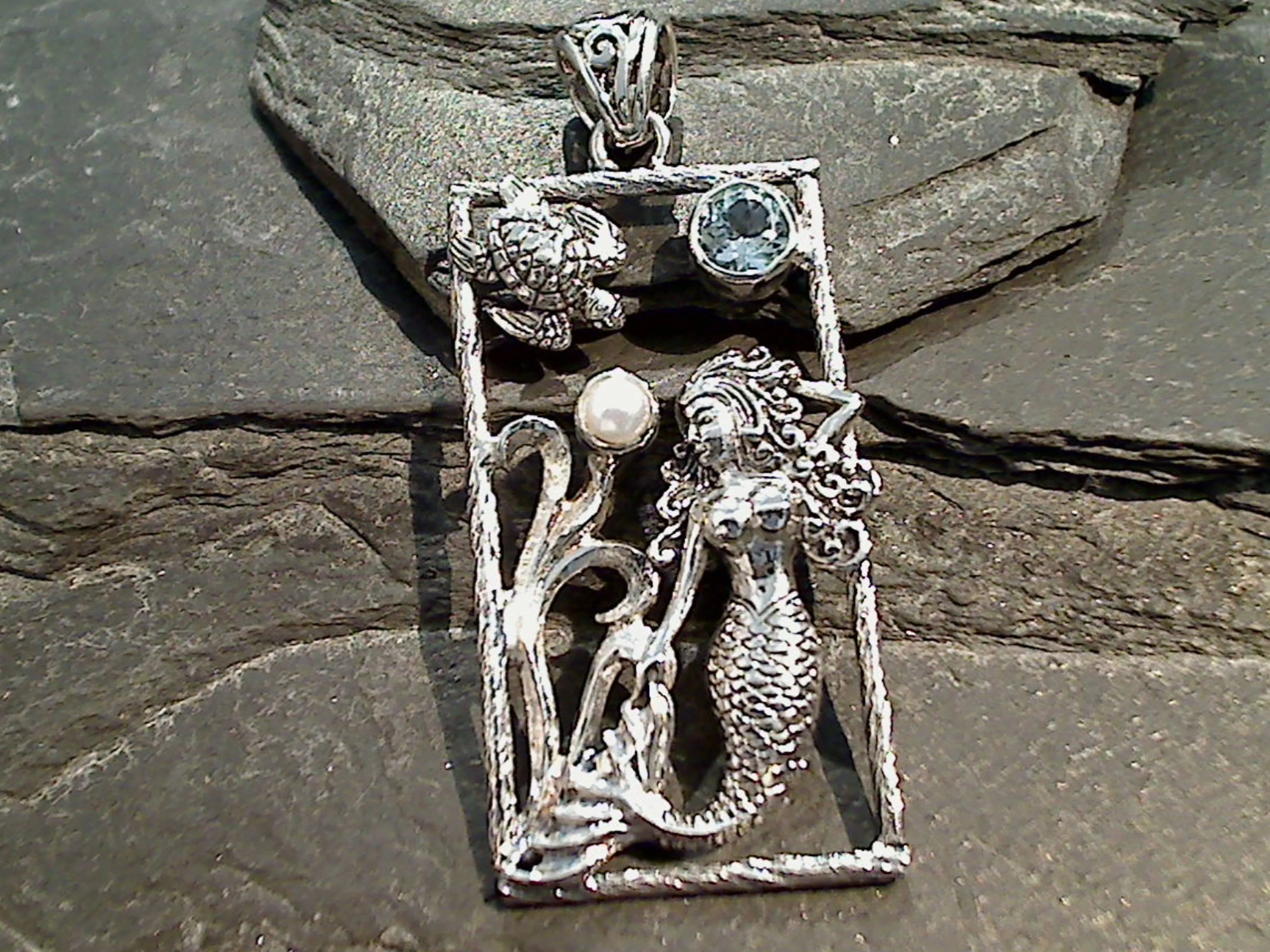 Blue Topaz, Pearl, Sterling Silver Mermaid Pendant