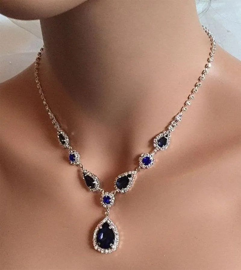 Blue Water Drop Rhinestones Necklace