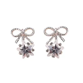 Bow with Zircon Star Silver Studs Earrings for Women