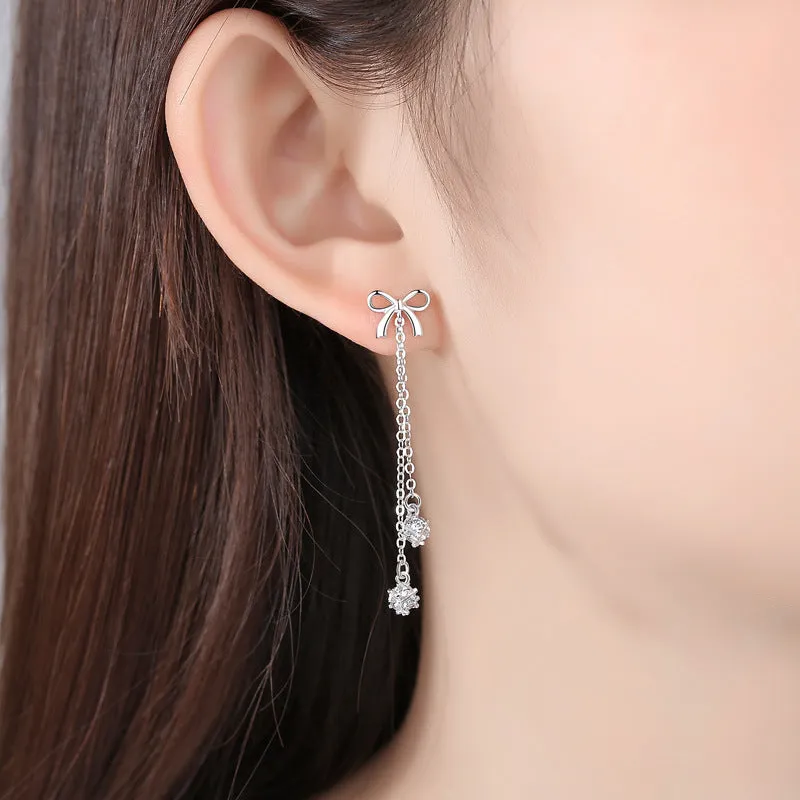 Bow with Zircon Tassels Silver Drop Earrings for Women