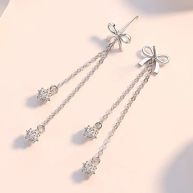 Bow with Zircon Tassels Silver Drop Earrings for Women