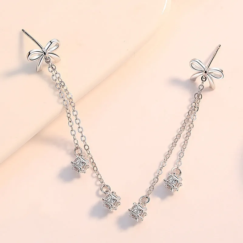 Bow with Zircon Tassels Silver Drop Earrings for Women