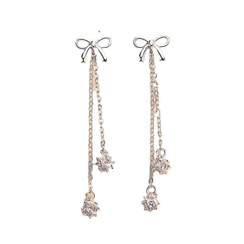 Bow with Zircon Tassels Silver Drop Earrings for Women